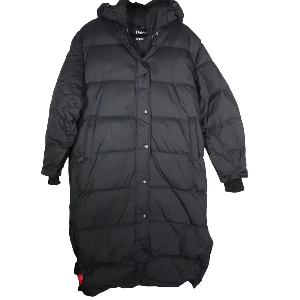 Damaged Quince Women's XL Responsible Down Long Puffer Jacket Hooded Black $200